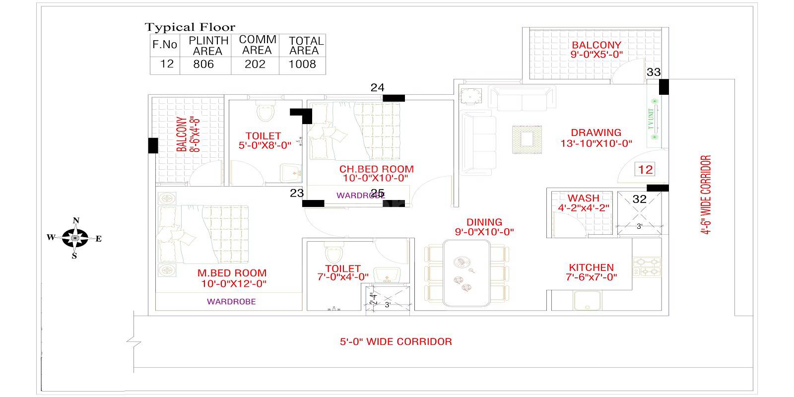 Floor plan of 2 BHK 1008 Sq. Ft. Apartment in SK Dwaraka, Bangalore
