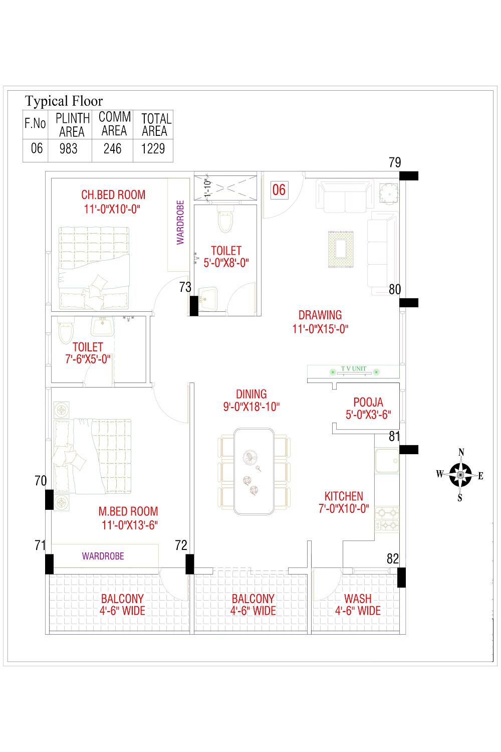 Floor plan of 2 BHK 1229 Sq. Ft. Apartment in SK Dwaraka, Bangalore