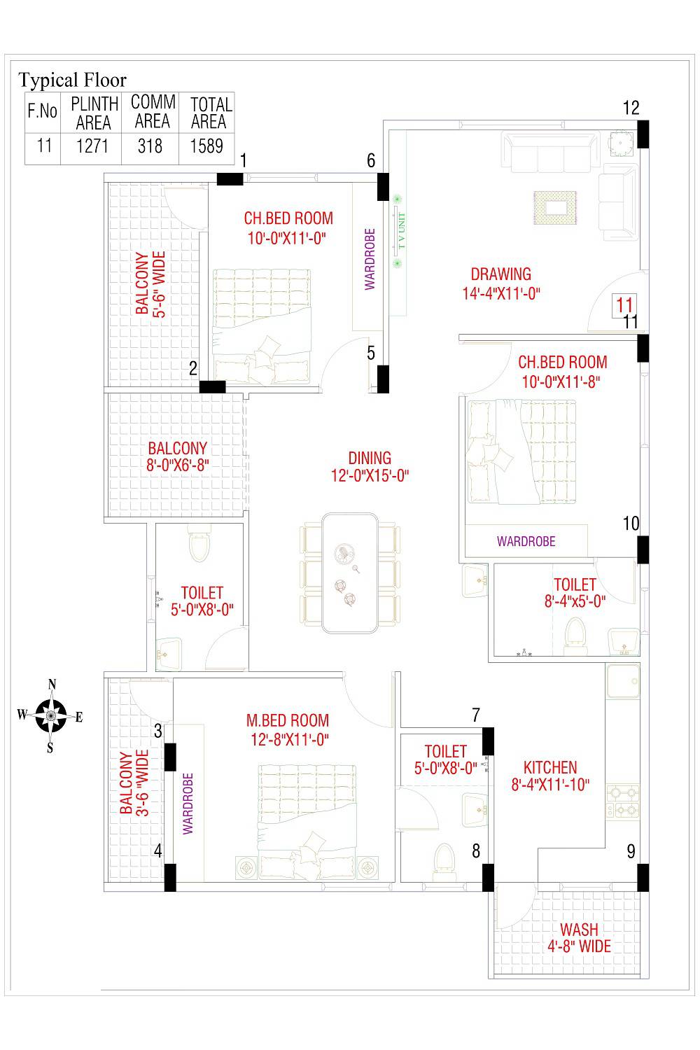 Floor plan of 3 BHK 1589 Sq. Ft. Apartment in SK Dwaraka, Bangalore