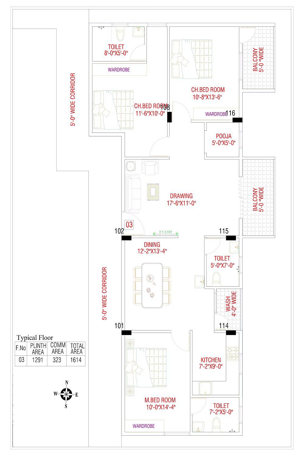Floor plan of 3 BHK 1614 Sq. Ft. Apartment in SK Dwaraka, Bangalore
