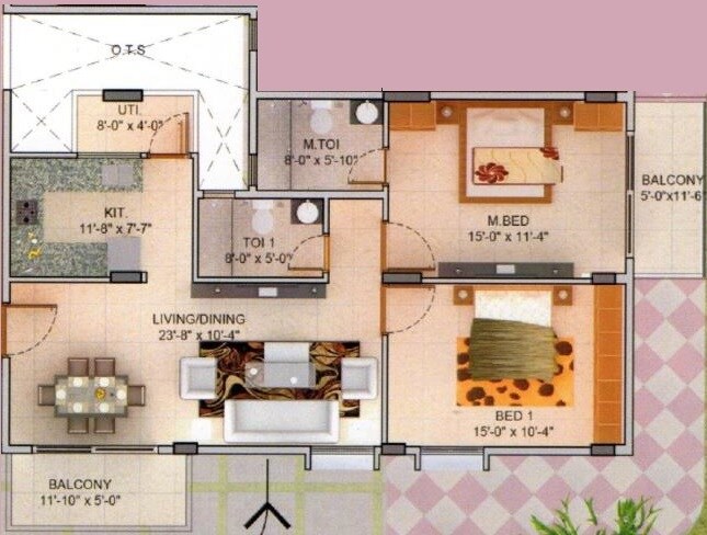 Floor plan of 2 BHK 1354 Sq. Ft. Apartment in SK Silvermist, Bangalore