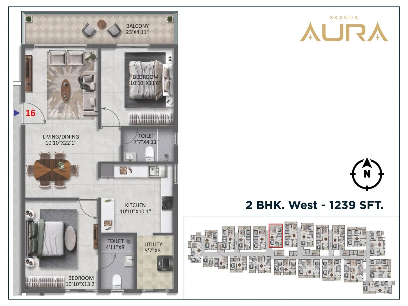 Floor plan of 2 BHK 1239 Sq. Ft. Apartment in Skanda Aura, Bangalore