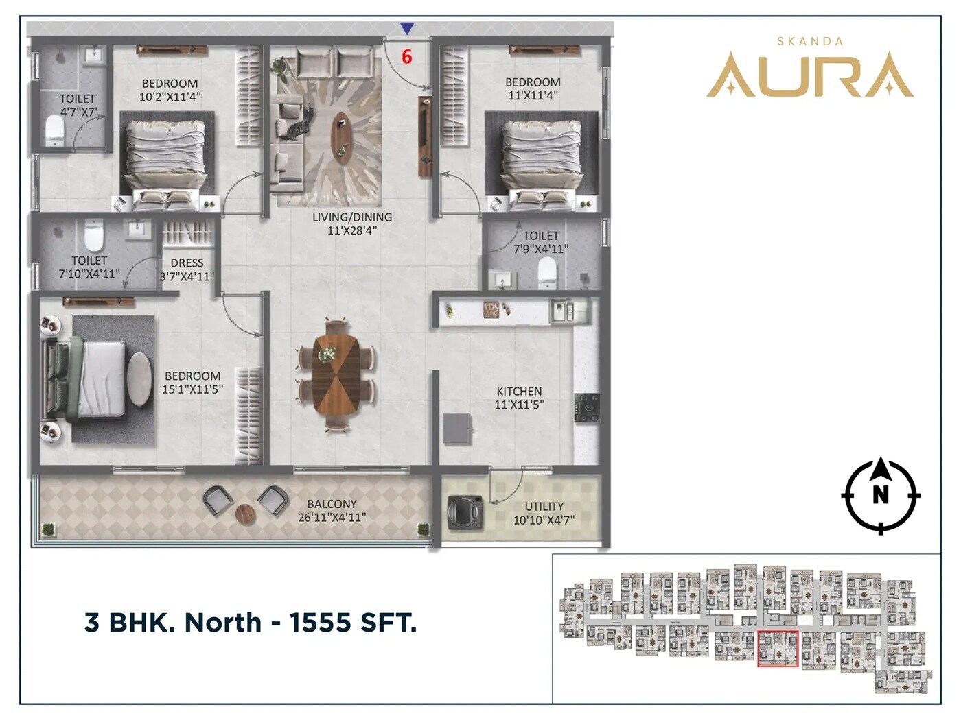 Floor plan of 3 BHK 1555 Sq. Ft. Apartment in Skanda Aura, Bangalore