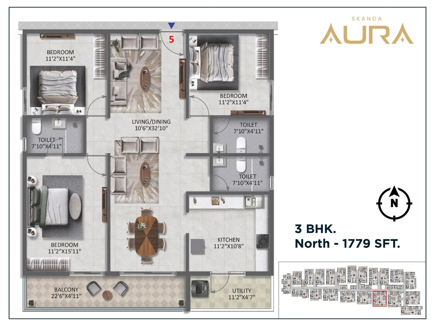 Floor plan of 3 BHK 1779 Sq. Ft. Apartment in Skanda Aura, Bangalore