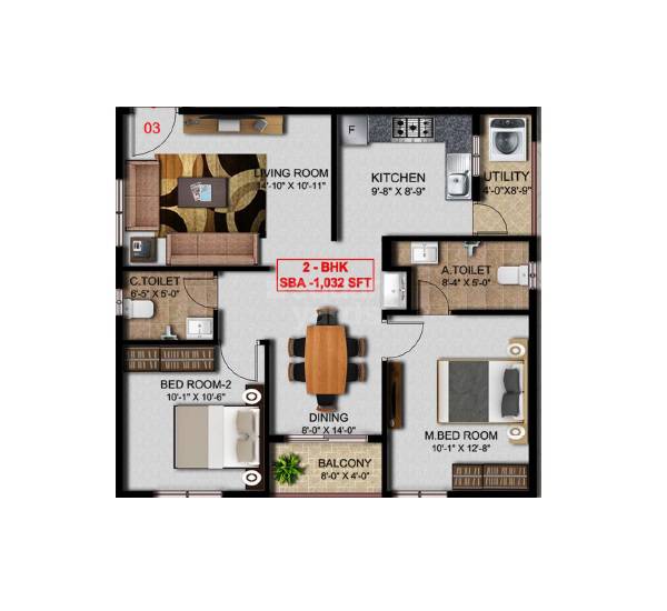 Floor plan of 2 BHK 1032 Sq. Ft. Apartment in SKR Aura, Bangalore