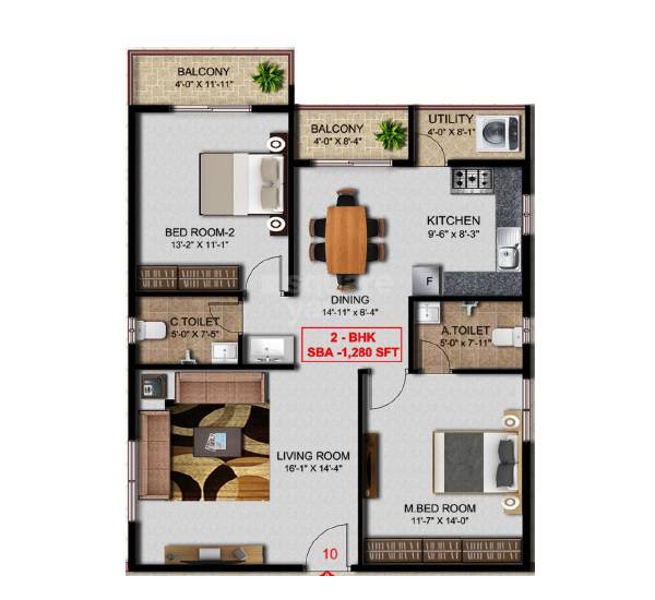 Floor plan of 2 BHK 1280 Sq. Ft. Apartment in SKR Aura, Bangalore