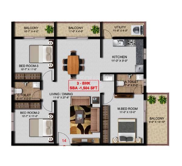 Floor plan of 3 BHK 1504 Sq. Ft. Apartment in SKR Aura, Bangalore