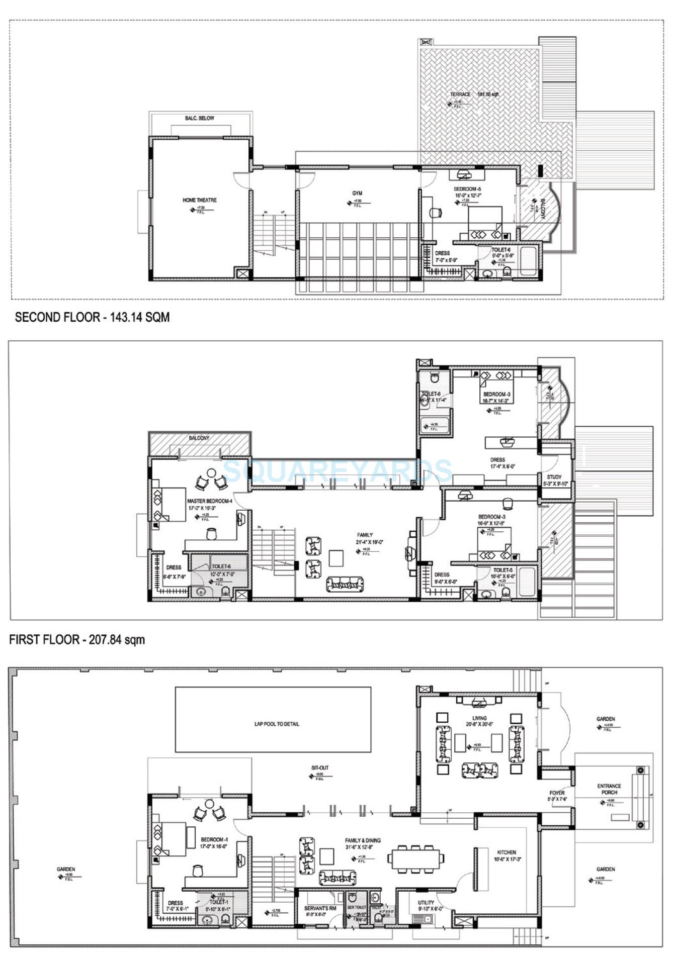 Floor plan of 5 BHK 5738 Sq. Ft. Villa in Skylark Arcadia, Bangalore