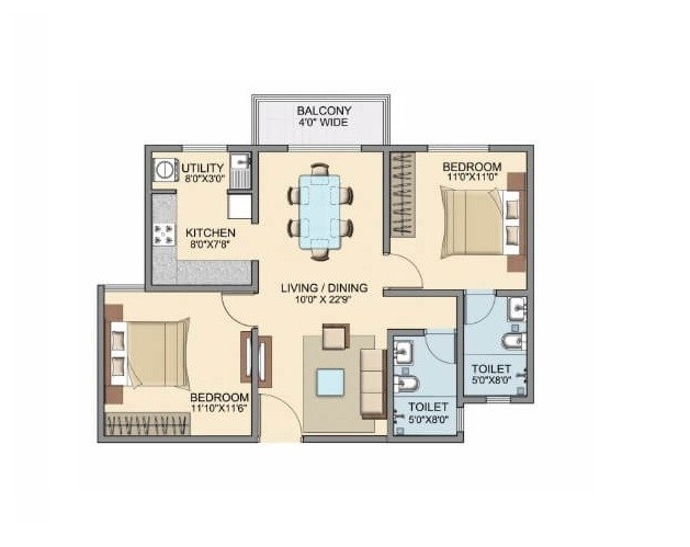 2 BHK 996 Sq. Ft. Apartment