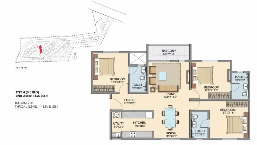 3 BHK 1465 Sq. Ft. Apartment