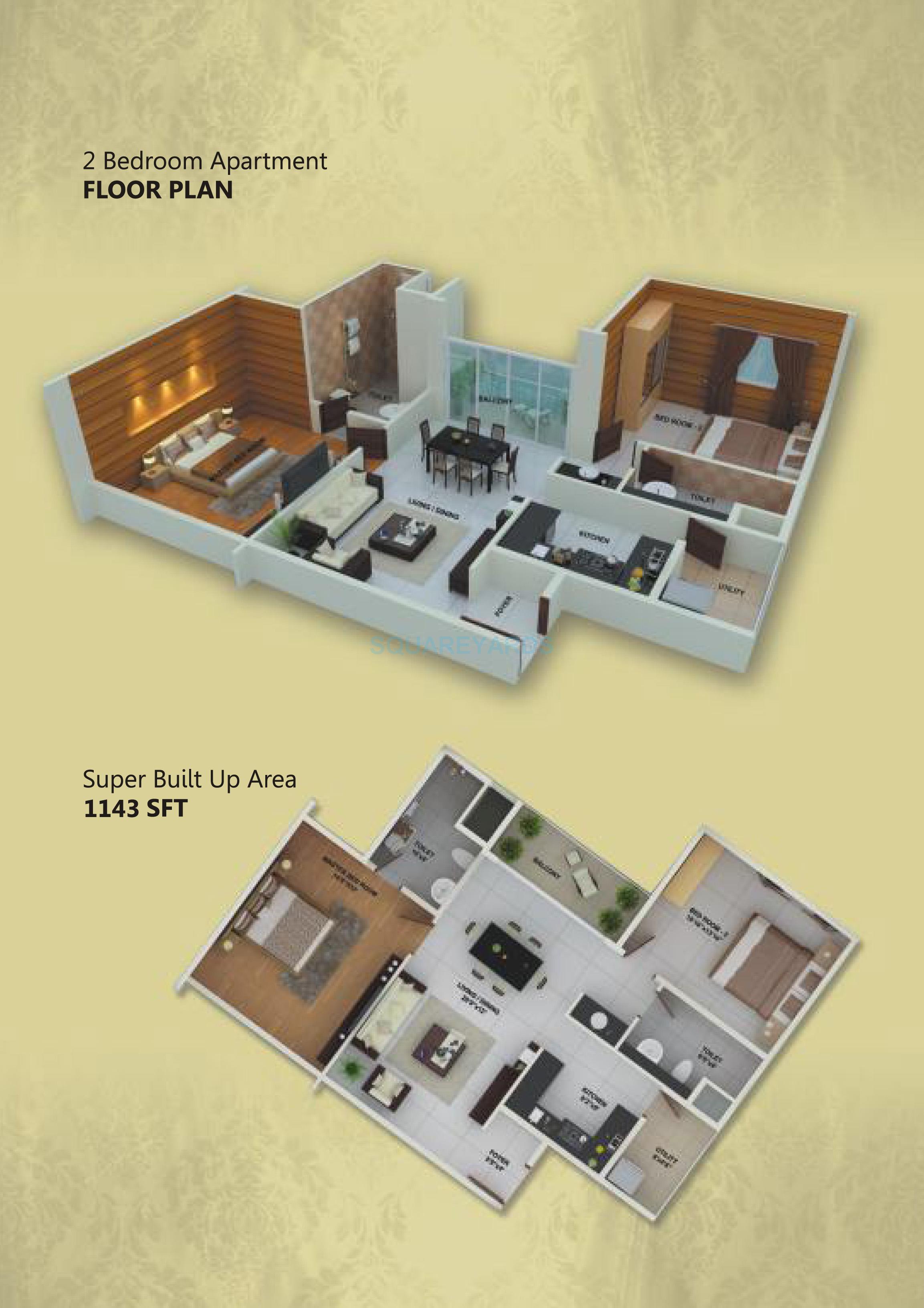 Floor plan of 2 BHK 1143 Sq. Ft. Apartment in Skylark Esta, Bangalore