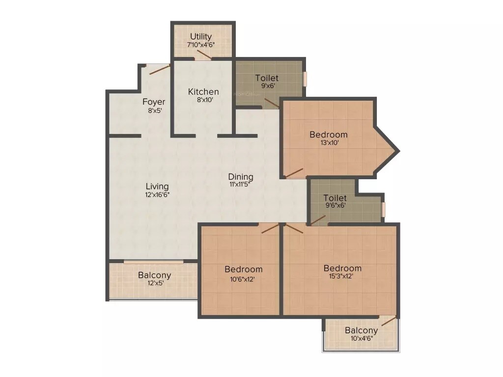 Floor plan of 3 BHK 1520 Sq. Ft. Apartment in Skylark Esta, Bangalore