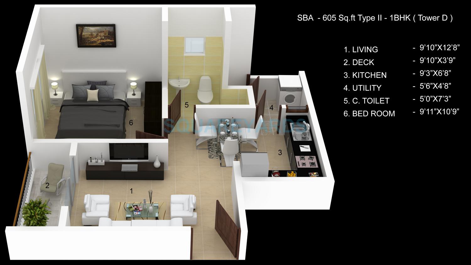 Floor plan of 1 BHK 605 Sq. Ft. Apartment in Skylark Ithaca, Bangalore