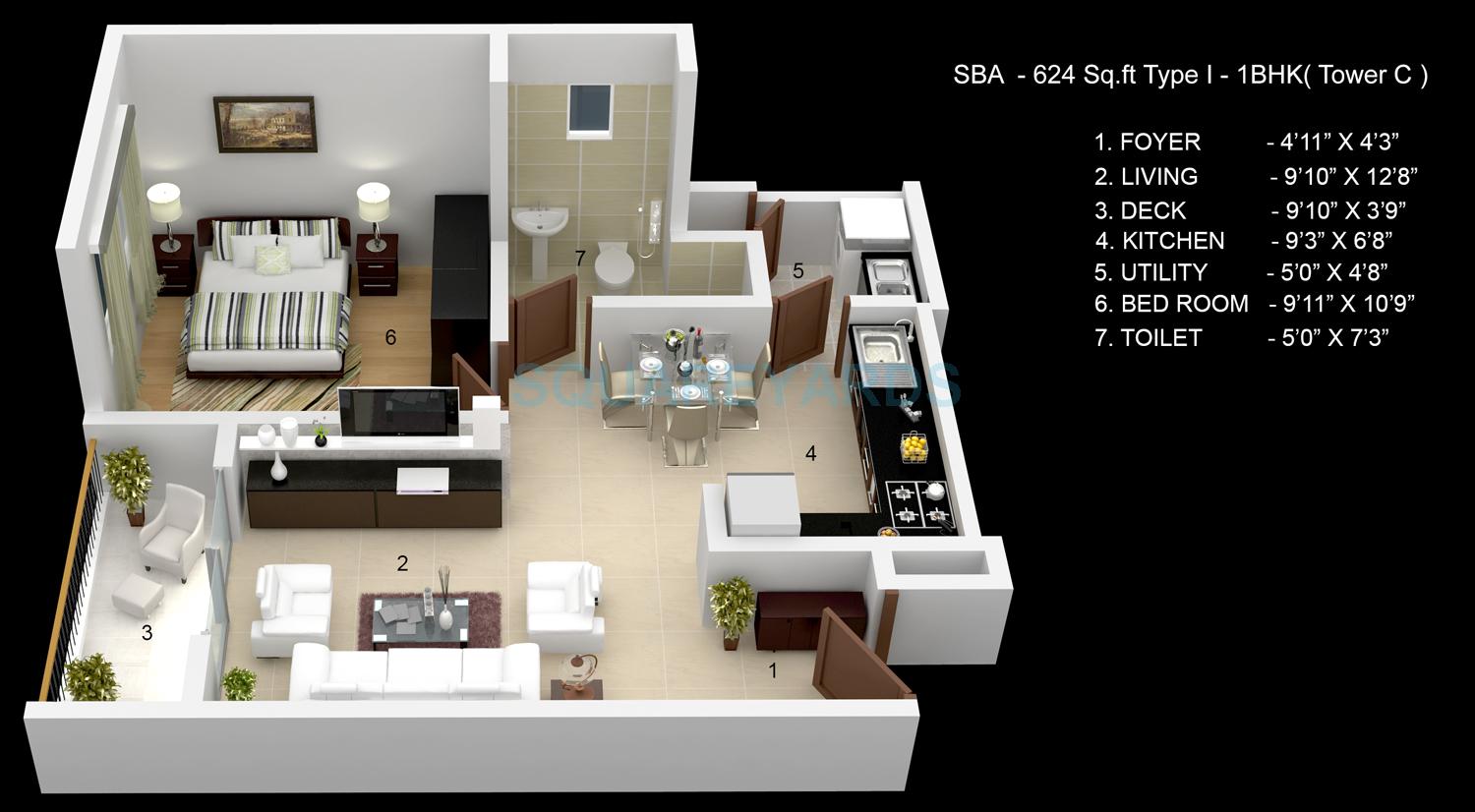 Floor plan of 1 BHK 624 Sq. Ft. Apartment in Skylark Ithaca, Bangalore