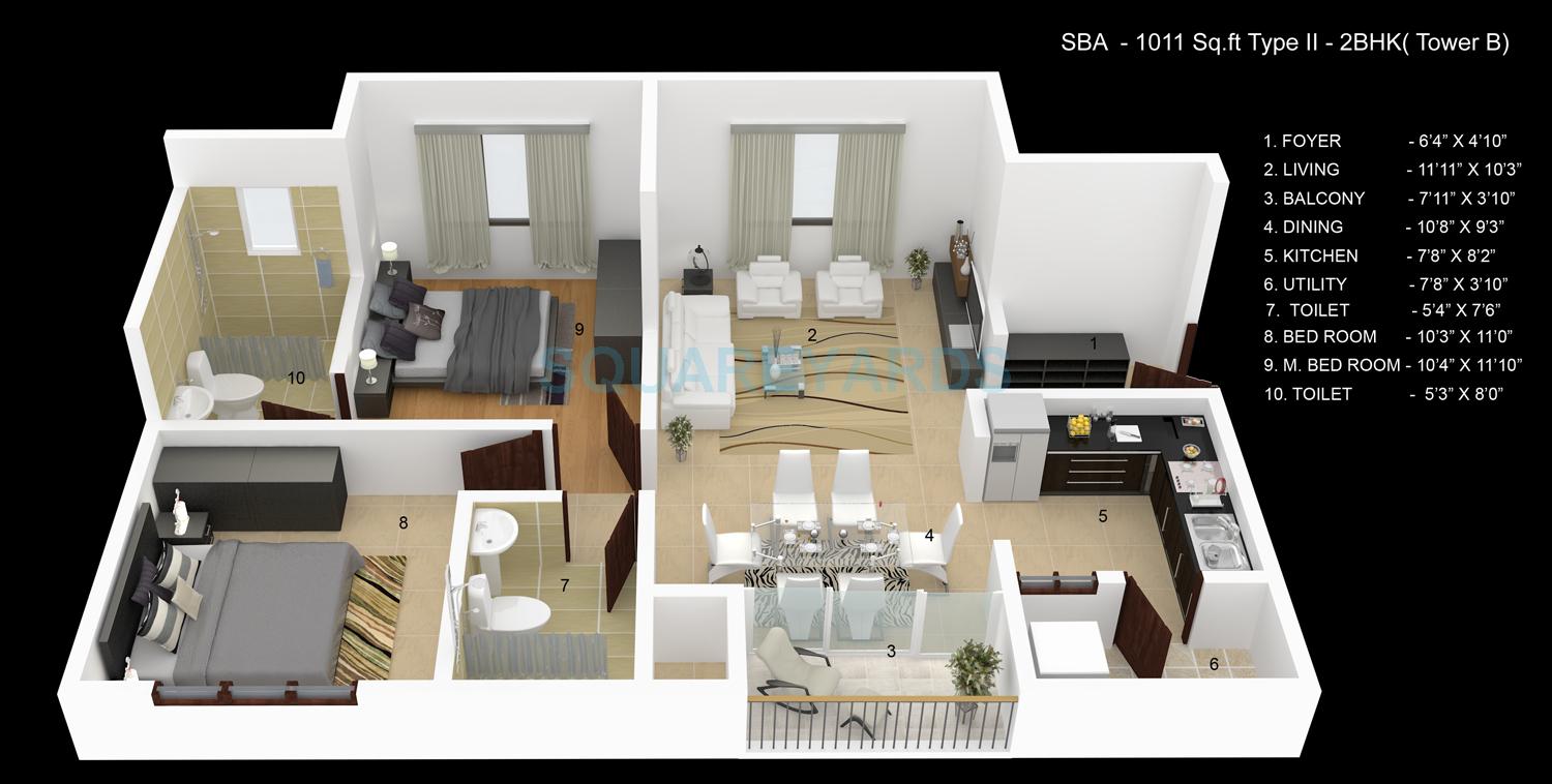 Floor plan of 2 BHK 1011 Sq. Ft. Apartment in Skylark Ithaca, Bangalore