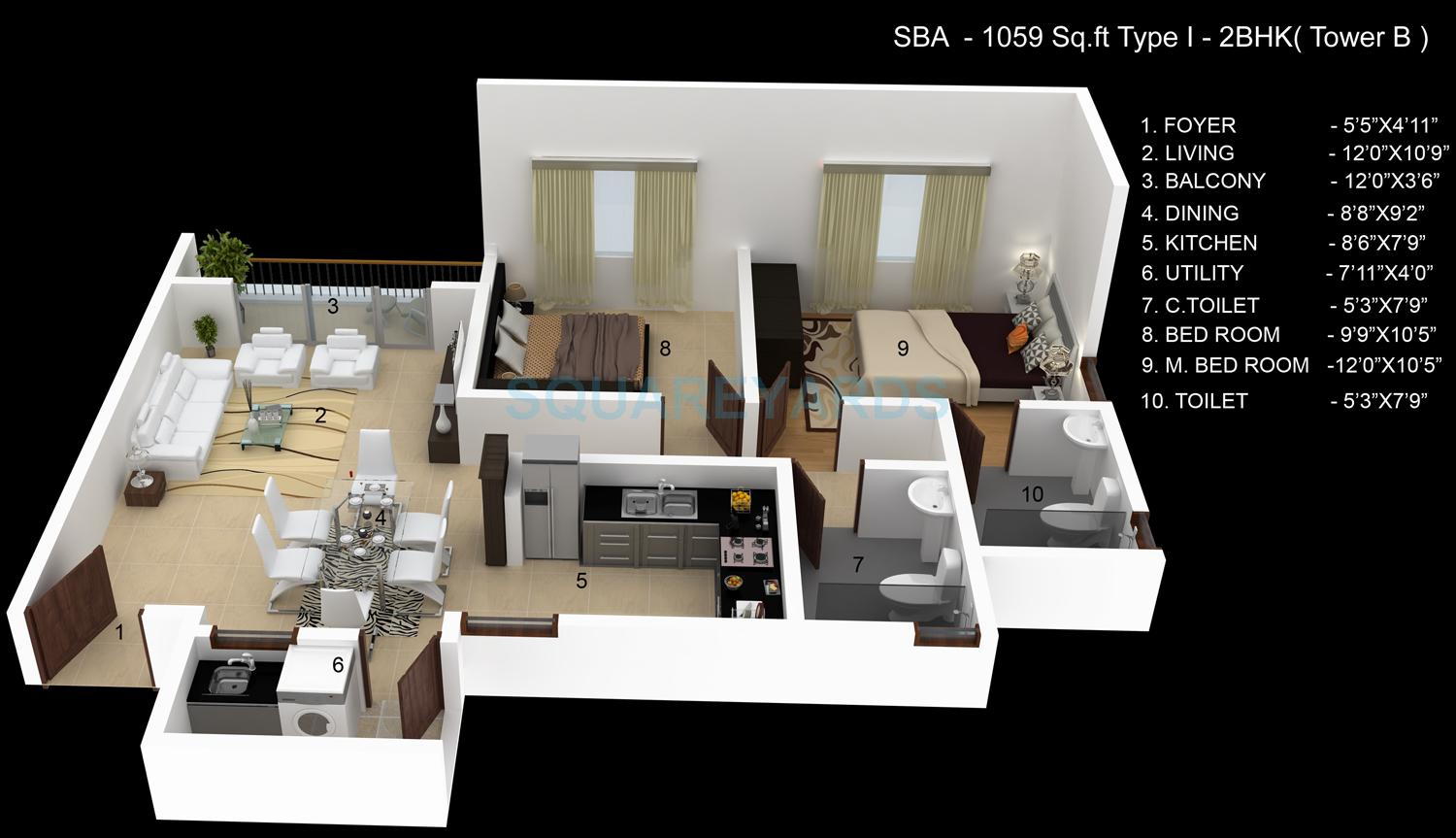 Floor plan of 2 BHK 1059 Sq. Ft. Apartment in Skylark Ithaca, Bangalore