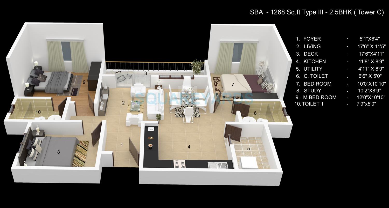 Floor plan of 2 BHK 1268 Sq. Ft. Apartment in Skylark Ithaca, Bangalore