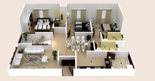 Floor plan of 3 BHK 1955 Sq. Ft. Apartment in Skylark Ithaca, Bangalore