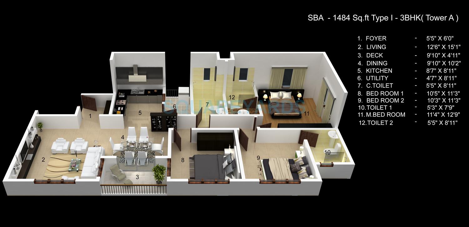 Floor plan of 3 BHK 1484 Sq. Ft. Apartment in Skylark Ithaca, Bangalore