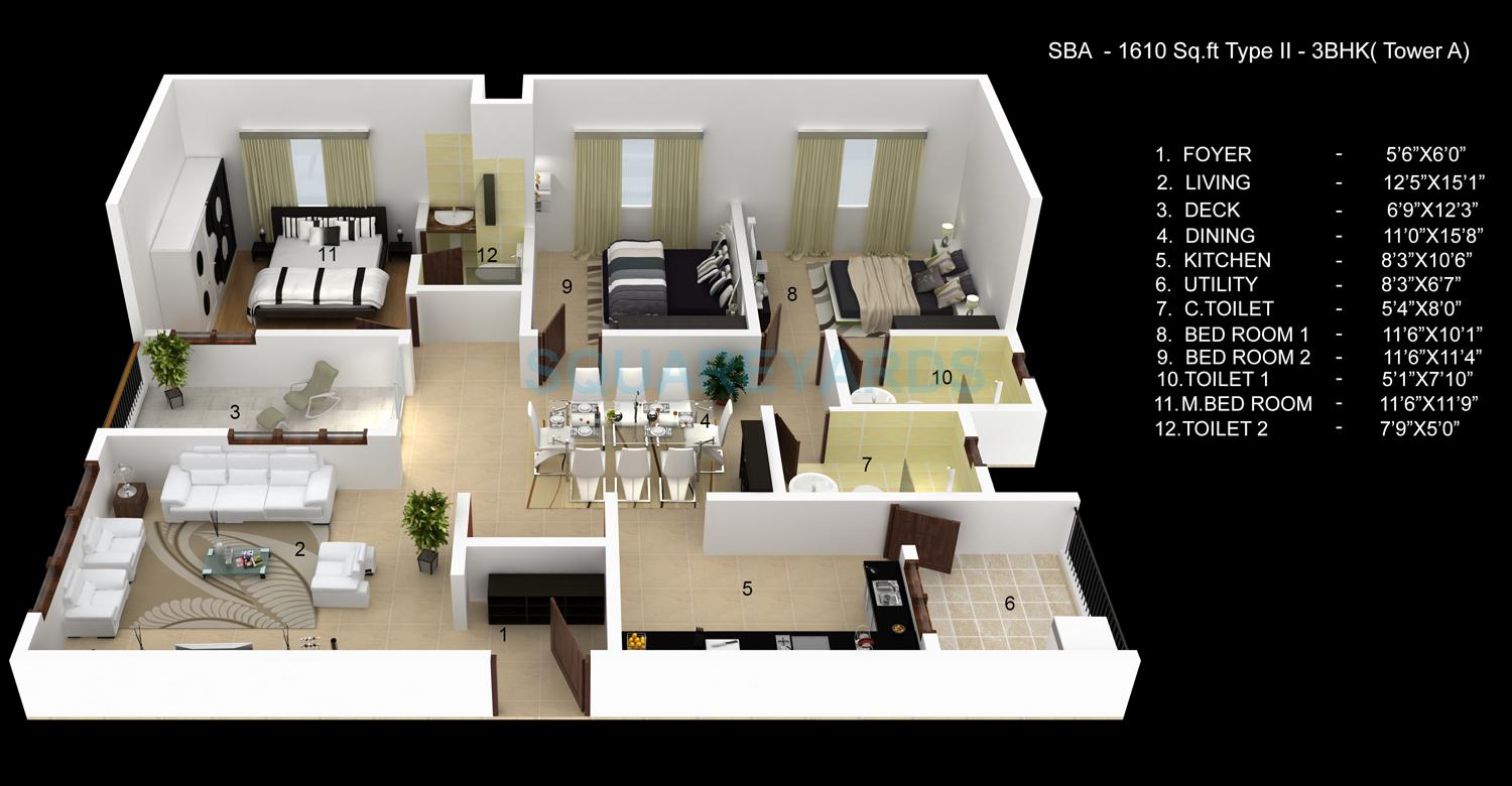 Floor plan of 3 BHK 1610 Sq. Ft. Apartment in Skylark Ithaca, Bangalore