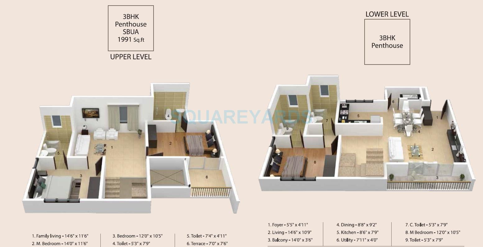 Floor plan of 3 BHK 1991 Sq. Ft. Penthouse in Skylark Ithaca, Bangalore