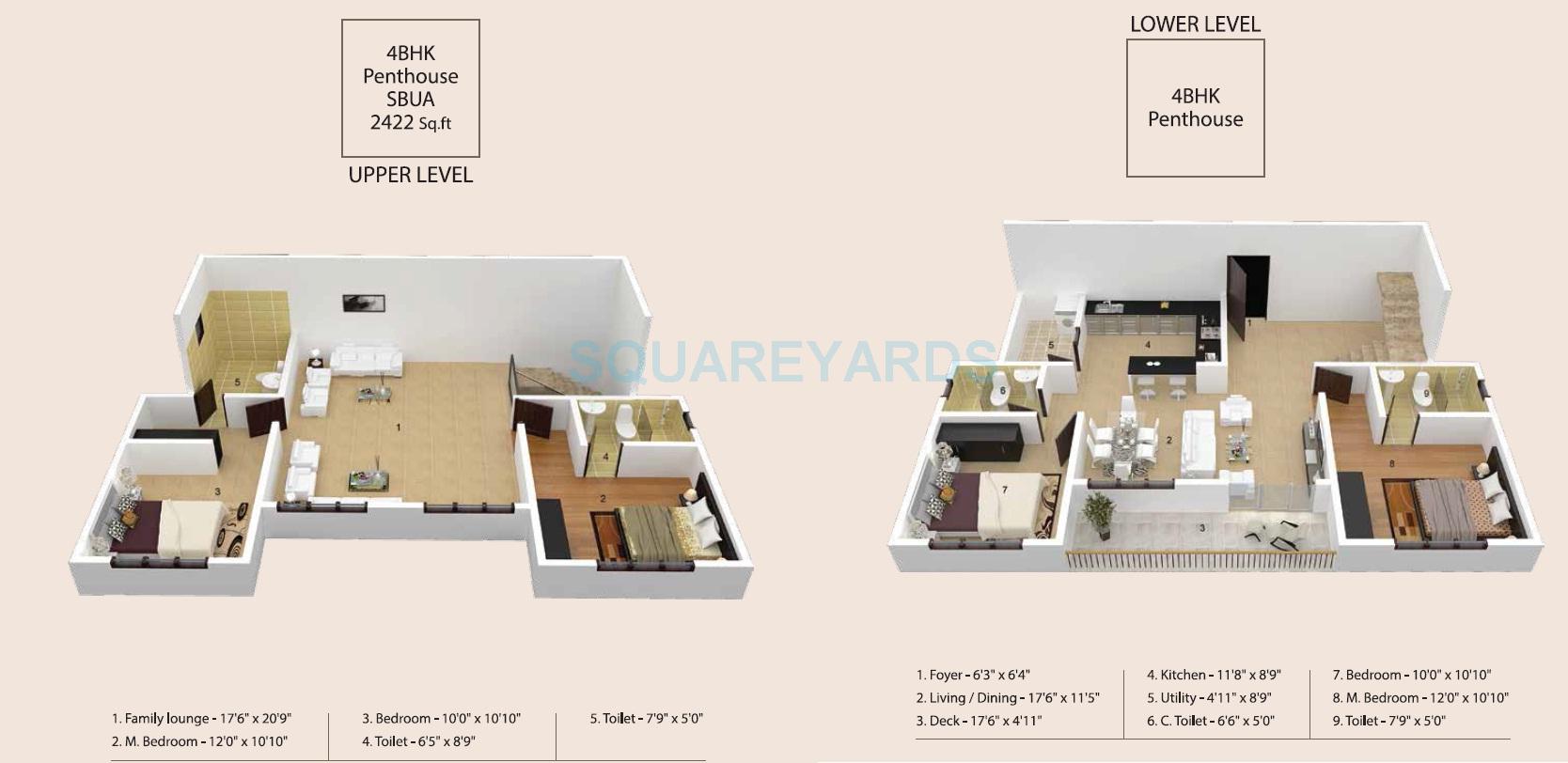 Floor plan of 4 BHK 2422 Sq. Ft. Penthouse in Skylark Ithaca, Bangalore