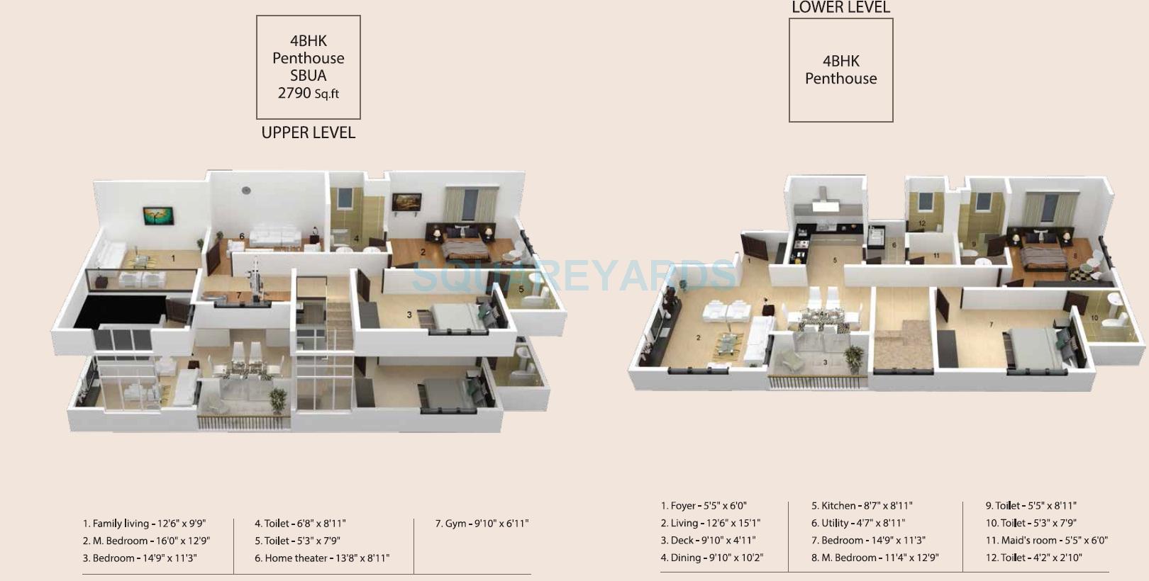 Floor plan of 4 BHK 2790 Sq. Ft. Penthouse in Skylark Ithaca, Bangalore