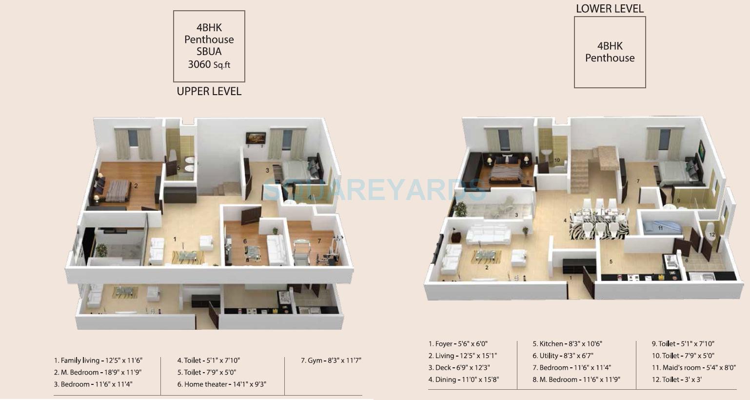 Floor plan of 4 BHK 3060 Sq. Ft. Penthouse in Skylark Ithaca, Bangalore