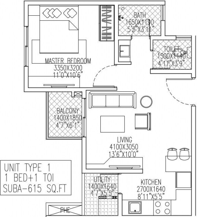 Floor plan of 1 BHK 615 Sq. Ft. Apartment in Skylark Royaume, Bangalore