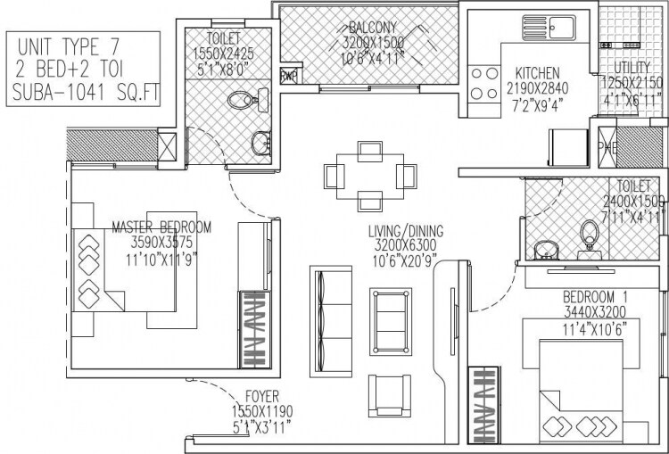 Floor plan of 2 BHK 1041 Sq. Ft. Apartment in Skylark Royaume, Bangalore