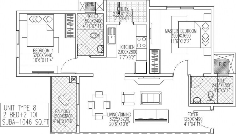 Floor plan of 2 BHK 1046 Sq. Ft. Apartment in Skylark Royaume, Bangalore