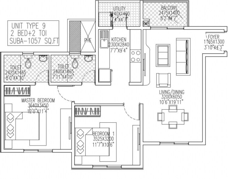 Floor plan of 2 BHK 1057 Sq. Ft. Apartment in Skylark Royaume, Bangalore