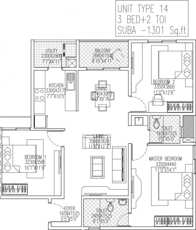 Floor plan of 3 BHK 1301 Sq. Ft. Apartment in Skylark Royaume, Bangalore