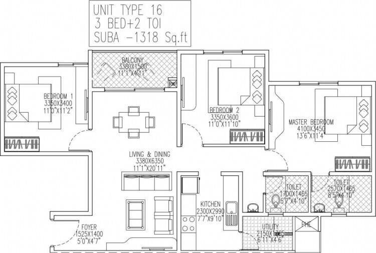 Floor plan of 3 BHK 1318 Sq. Ft. Apartment in Skylark Royaume, Bangalore