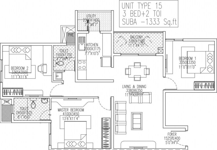 Floor plan of 3 BHK 1333 Sq. Ft. Apartment in Skylark Royaume, Bangalore