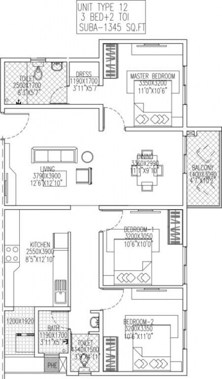 Floor plan of 3 BHK 1345 Sq. Ft. Apartment in Skylark Royaume, Bangalore