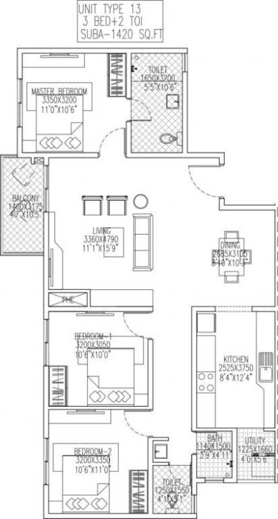 Floor plan of 3 BHK 1420 Sq. Ft. Apartment in Skylark Royaume, Bangalore