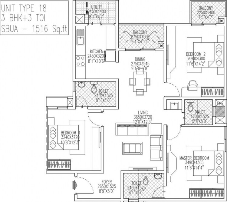 Floor plan of 3 BHK 1516 Sq. Ft. Apartment in Skylark Royaume, Bangalore