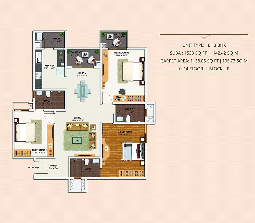Floor plan of 3 BHK 1533 Sq. Ft. Apartment in Skylark Royaume, Bangalore