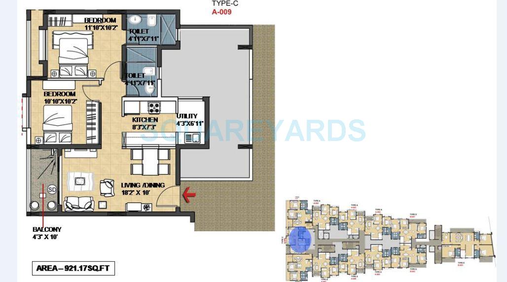 Floor plan of 2 BHK 921 Sq. Ft. Apartment in Skylark Zenith, Bangalore