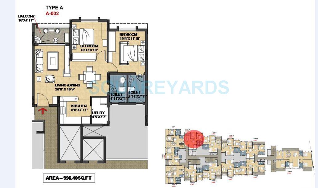 Floor plan of 2 BHK 996 Sq. Ft. Apartment in Skylark Zenith, Bangalore