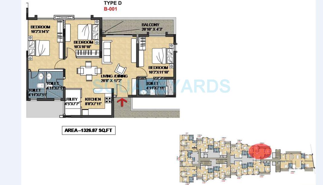 Floor plan of 3 BHK 1327 Sq. Ft. Apartment in Skylark Zenith, Bangalore