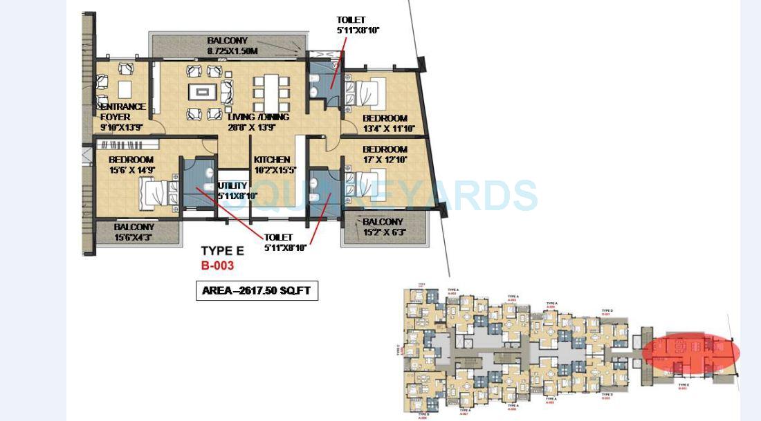 Floor plan of 3 BHK 2618 Sq. Ft. Apartment in Skylark Zenith, Bangalore