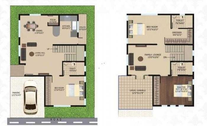 Floor plan of 3 BHK 1607 Sq. Ft. Villa in Skylite Vesta, Bangalore