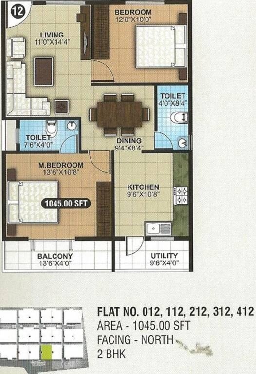 Floor plan of 2 BHK 1045 Sq. Ft. Apartment in SLN Greens, Bangalore