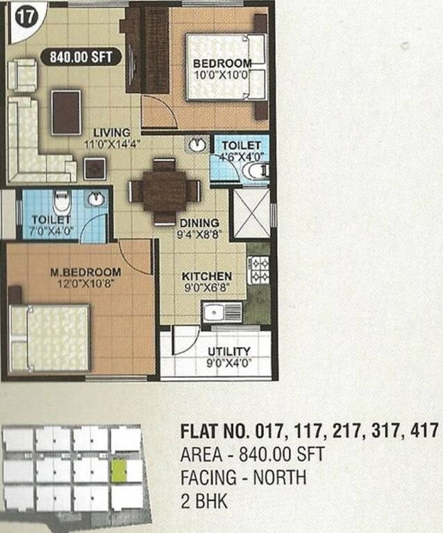 Floor plan of 2 BHK 840 Sq. Ft. Apartment in SLN Greens, Bangalore