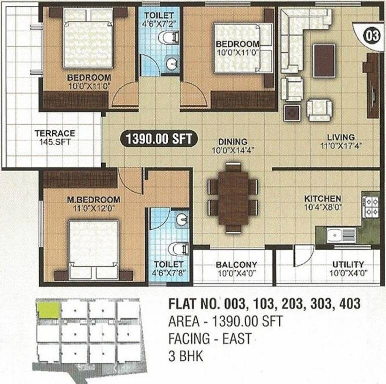 Floor plan of 3 BHK 1390 Sq. Ft. Apartment in SLN Greens, Bangalore