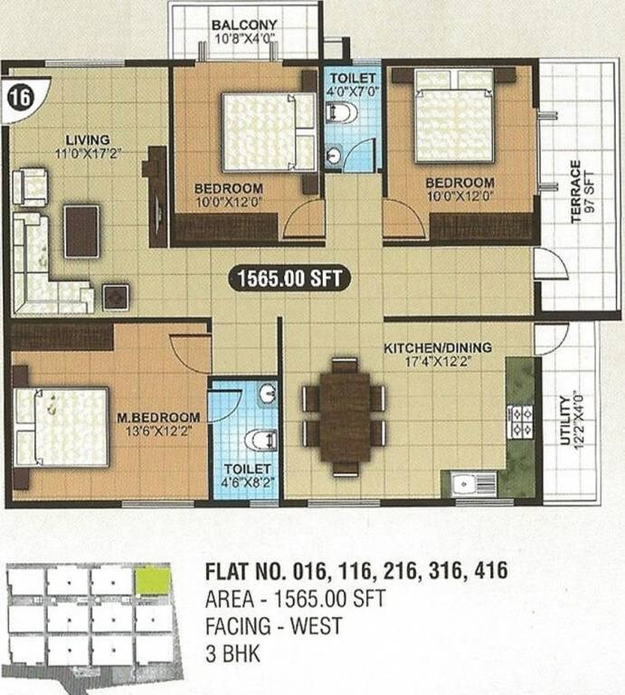 Floor plan of 3 BHK 1565 Sq. Ft. Apartment in SLN Greens, Bangalore