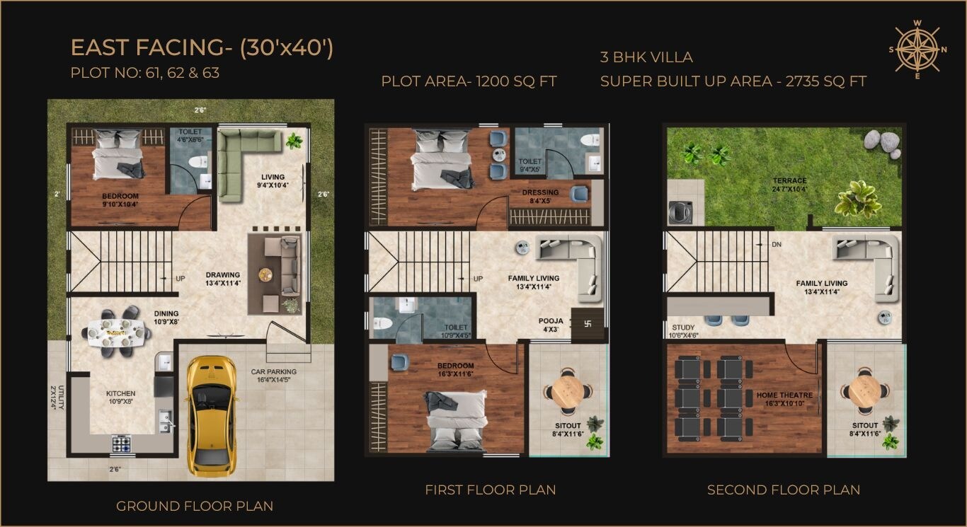 Floor plan of 3 BHK 2735 Sq. Ft. Villa in SLN Nidhi Palms, Bangalore