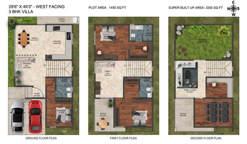 Floor plan of 3 BHK 3350 Sq. Ft. Villa in SLN Palazzo, Bangalore